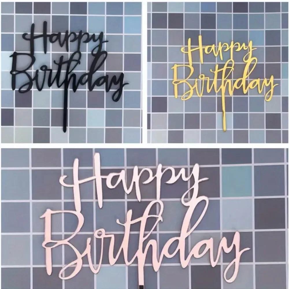 Set of 3 Happy Birthday cake toppers Black, gold & pink